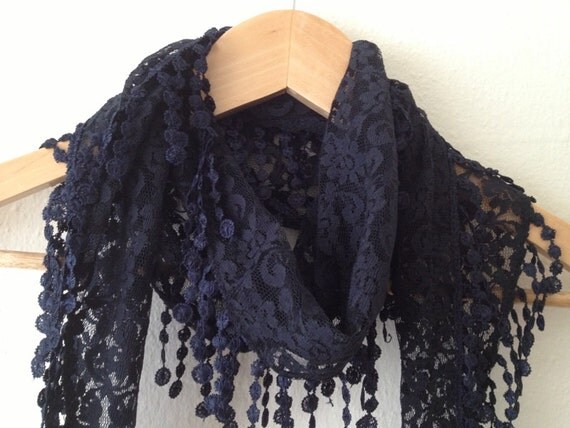 Black Lace Scarf with lace fringelariat by SpecialFabrics on Etsy