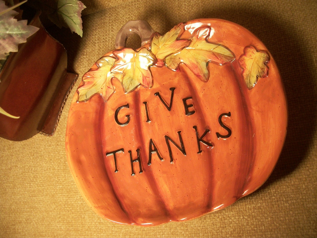 Colorful Ceramic Give Thanks Pumpkin Tray, Harvest Tableware, Fall Dish, Thanksgiving Home Decor - SpringJewelryThings