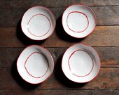 Set of Four Red and White Hand Painted Food Safe Bowls // Handmade Dinnerware // White Bowl - HalfLightHoneyStudio