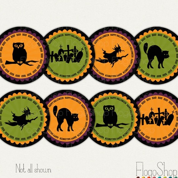 Halloween circle cupcake toppers printable spooky halloween theme rounded party labels decoration INSTANT DOWNLOAD orange green purple black Il_570xn