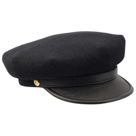 Motorcycle peaked cap with leather brim and cloth by