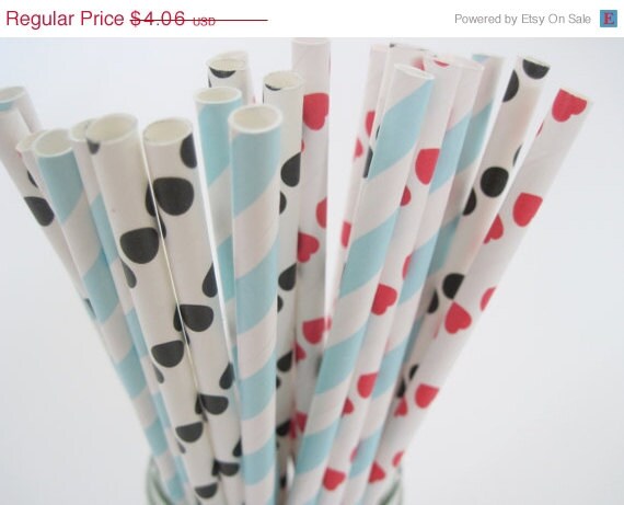 ON SALE 25 Alice in Wonderland Paper Straw Mix - Red Heart, Black Dot, light Blue Stripe - ships less than 24 hours Il_570xn