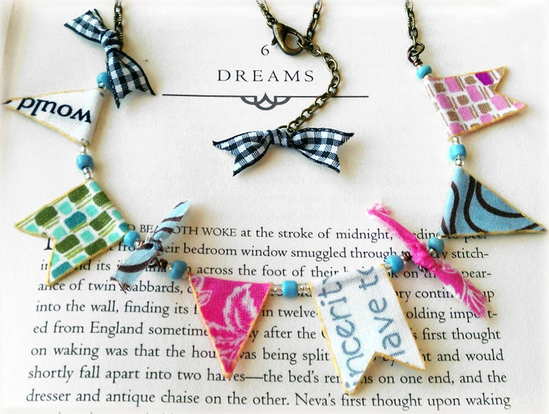 OOAK 'Whimsy Bunting' Fabric  Flags Necklace, Pennant, Shabby, Adorable, Unique Pastels, Antique Bronze, Gingham Ribbon Bows, One of a Kind - OddModicum