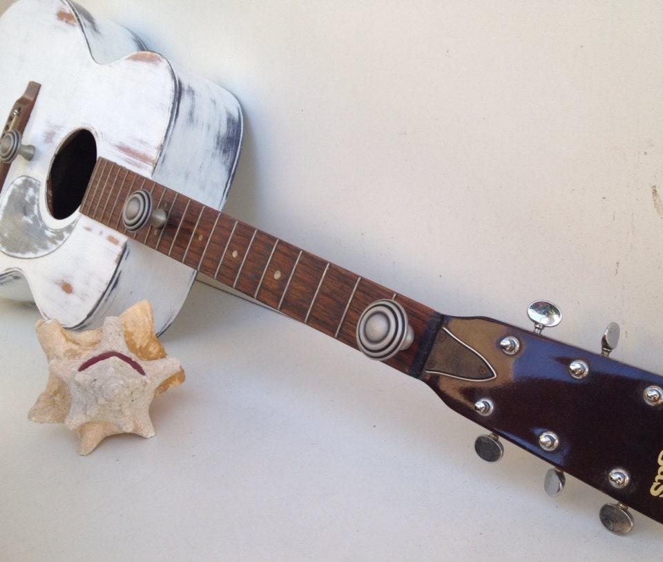 White Acoustic Guitar Coat Rack With Three Hangers by ShabbyShores