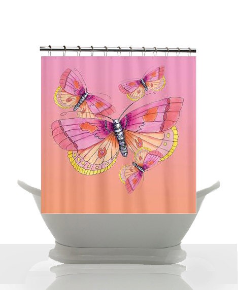 Butterfly Shower Curtain - Pink and Peach -   Watercolor Illustration Art, butterflies, girlie decor, bath, home - ArtfullyFeathered