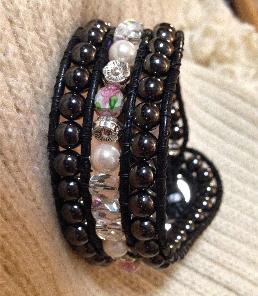 Triple Row LEATHER Wrap Bracelet: Black HEMATITE, Vintage Pearls, Faceted Rose Beads and Crystals, Silver Plated Accents, gift for her, OOAK - TwinklingOfAnEye