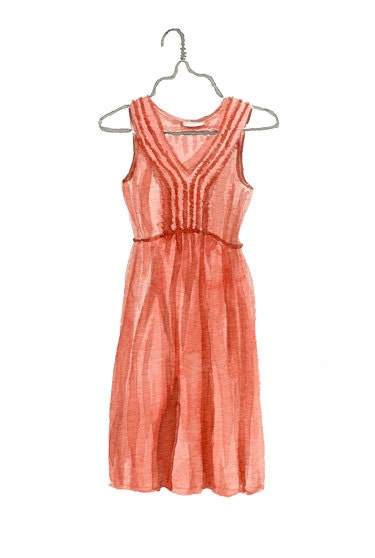 Limited Edition Print of a Watercolor Painting of a Coral Ruffle Dress - marycatherinestarr