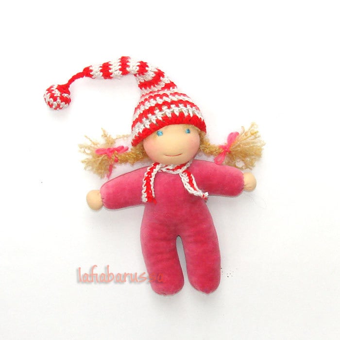waldorf christmas elf dark pink body and striped hat red white, 10 inch,