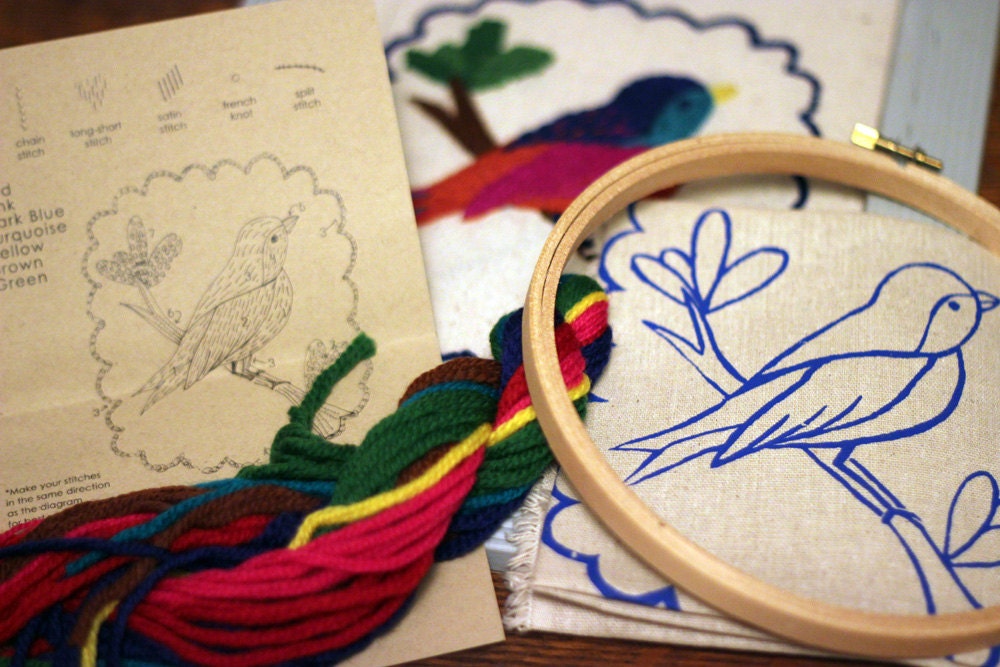 Crewel Embroidery DIY Kit Jeweled Bird by takofibers on Etsy