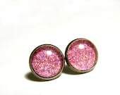Pink Glitter Glass Dome Earrings, Glitter Posts, Glitter Sparkle Dome Earrings - IskraCreations