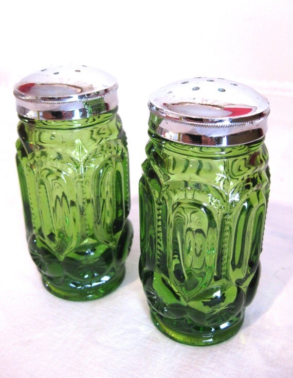 Vintage Green Glass Salt and Pepper Shakers 60's by TheFirstKiss