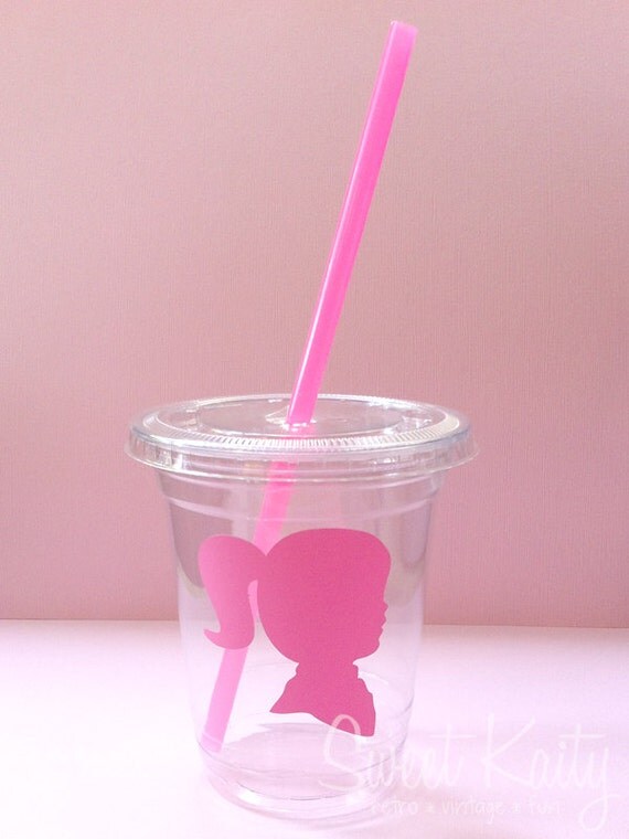 24 Pink Silhouette Disposable Party Cups, Lids & Plastic Straws - Baby Shower - Little Girls Birthday - 12 oz or 16 oz Il_570xn