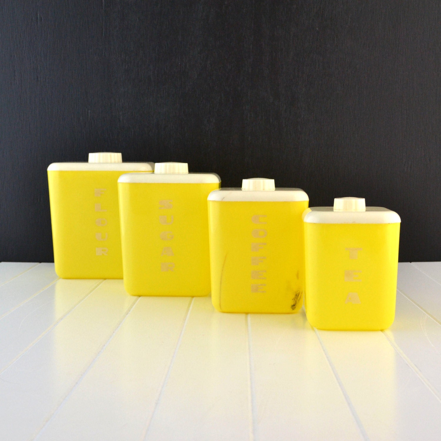 Items similar to Retro Yellow Kitchen Canisters  Yellow 