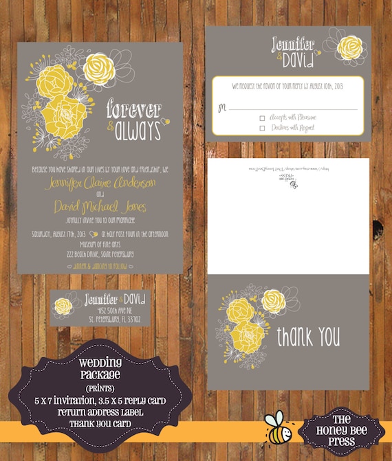 Wedding Invitation - Modern Flower Grey and Yellow Wedding Invitation Package - Includes invitation, reply card, thank you and return label