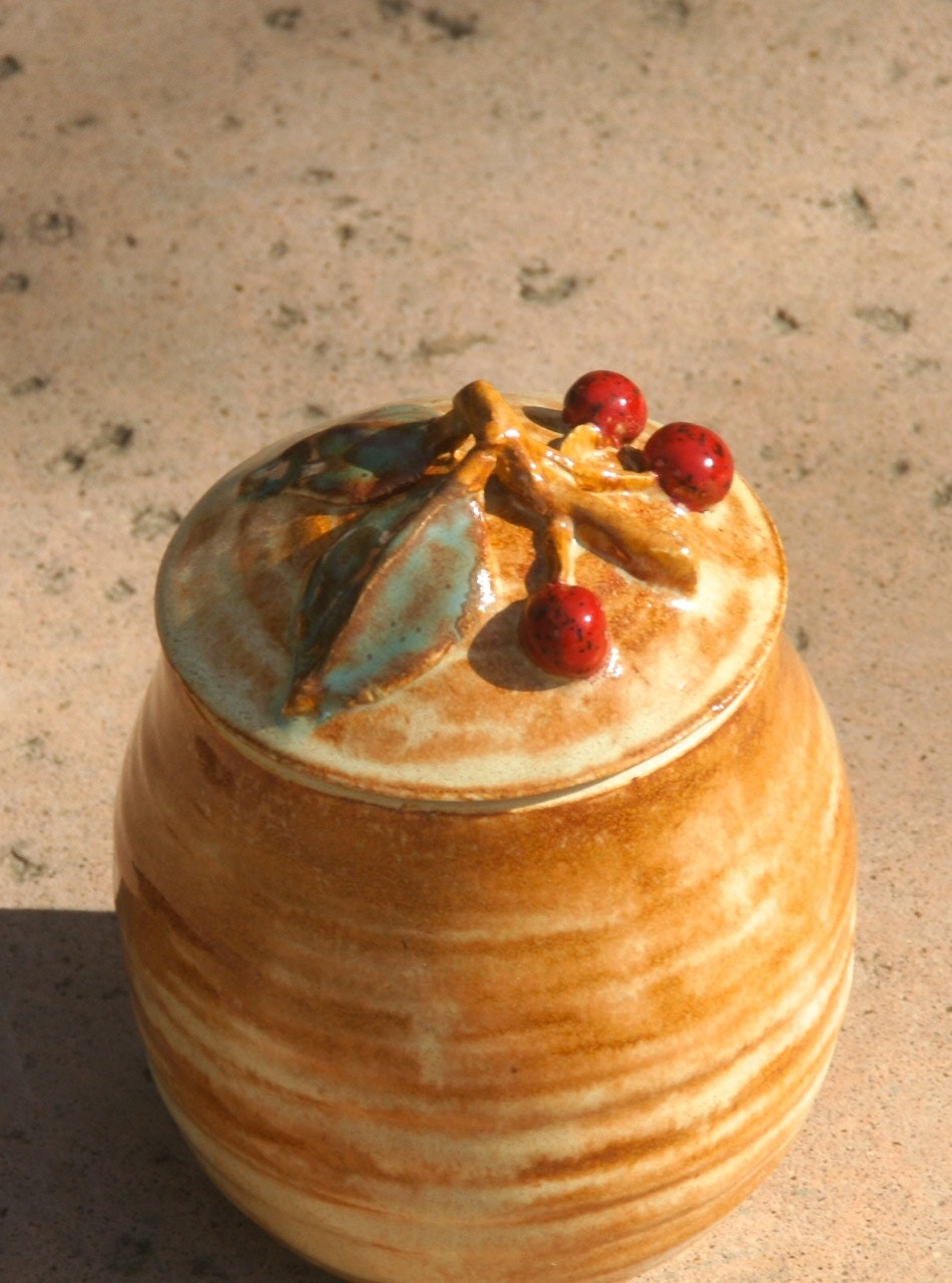 Cherry Trinket Jar - hand thrown stoneware pottery - muddywaterscc