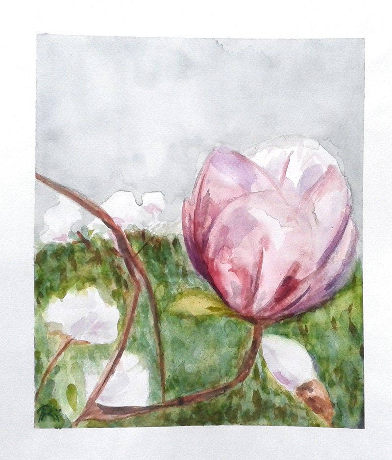 Rustic Magnolias. Original watercolor, Garden painting. 10" x 11.5" - RhymingScapes