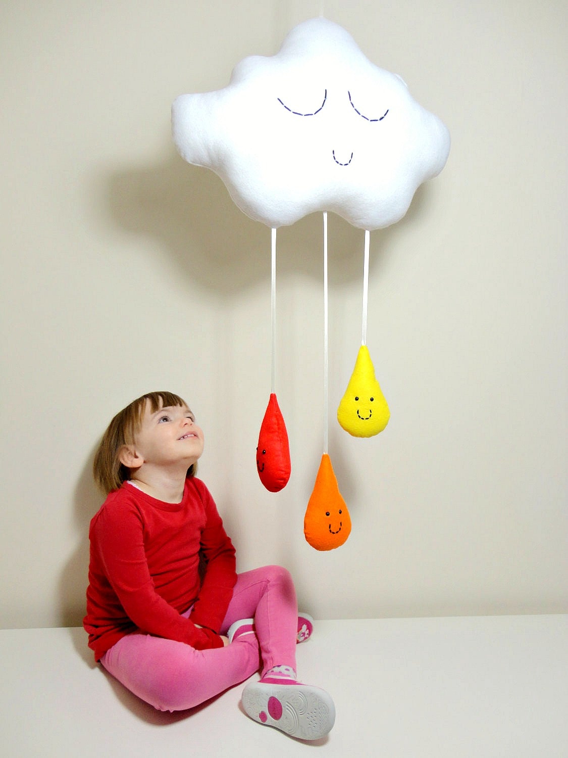 CLOUD & RAINDROPS MOBILE White Rain Cloud Bright Colour Rain drops - Baby Shower Baby Nursery Kids Bedroom Home Decor - Claireoncloud9