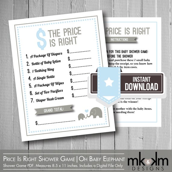 The Price Is Right Baby Shower Game:Oh Baby Elephant Theme- Blue & Gray- Boys Shower - 2 Sizes- INSTANT DOWNLOAD