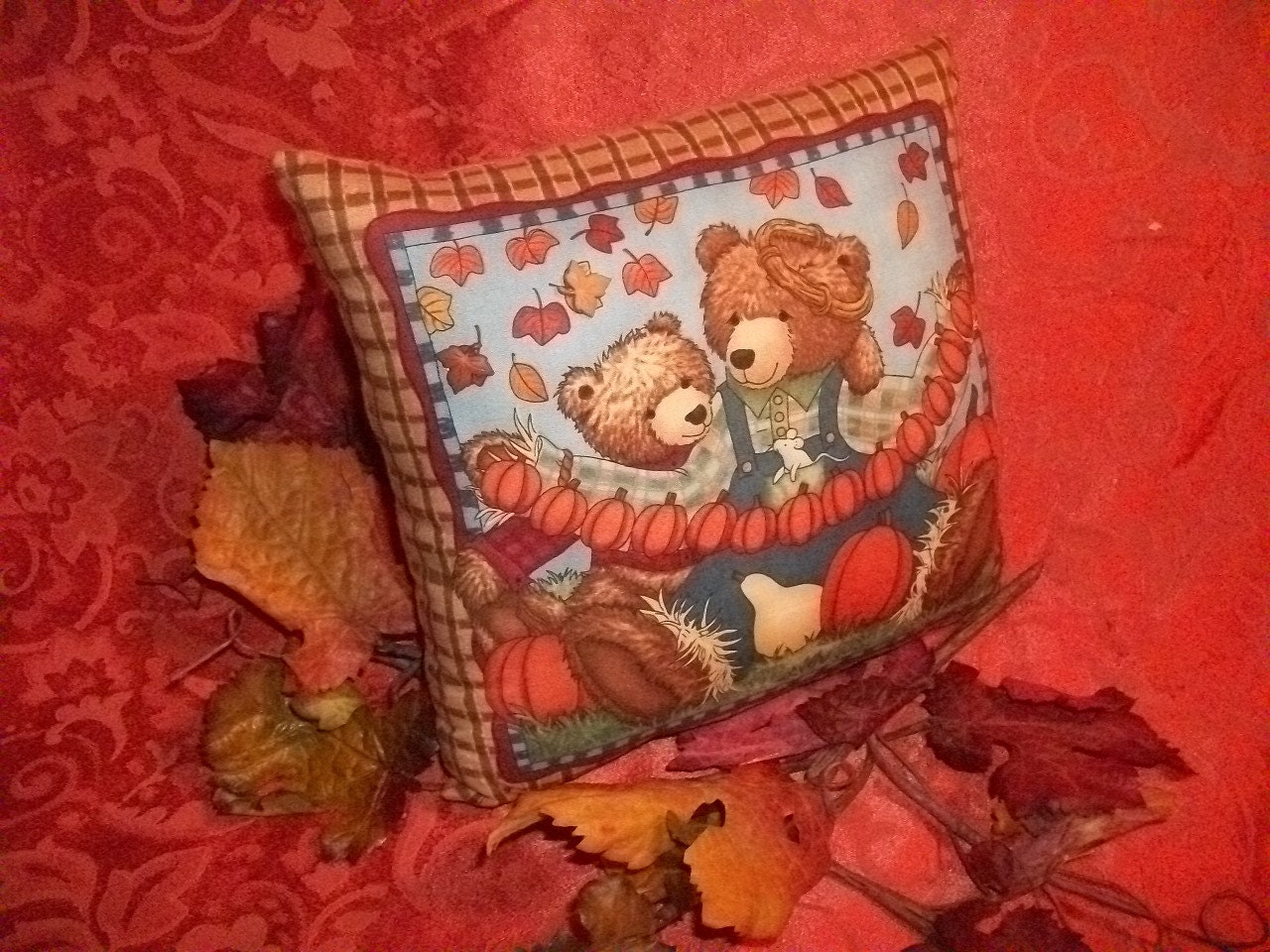 Country Bears Pumpkin Patch Fall Leaves Accent Pillow, Hand Crafted Fall Home Decor - TKSPRINGTHINGS