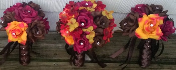 13 piece Fall Bridal Set, Fall Bouquet, Brown Bouquet, Burgundy Bouquet, Orange Brown Bouquet, Cognac Bouquet, Persimmon Bouquet