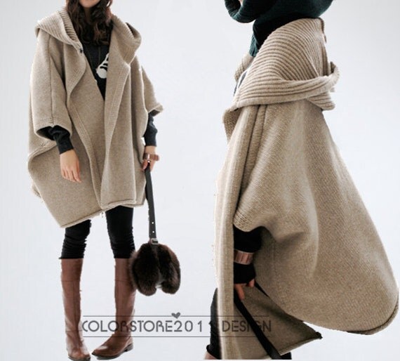 beige cape Coat spring coat winter coat Autumn by colorstore2011