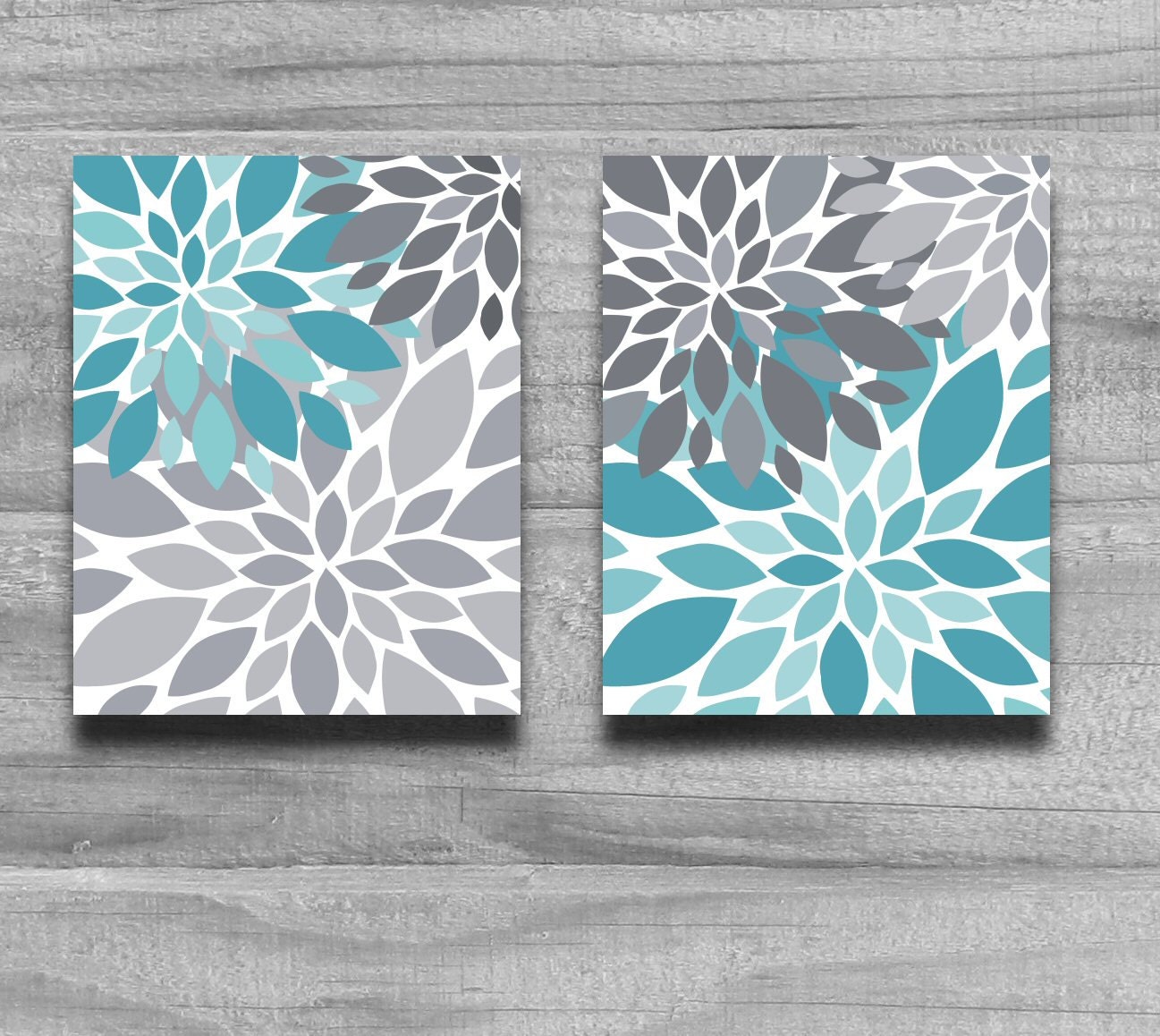 Turquoise Gray Flower Burst Print Set Home by ...
