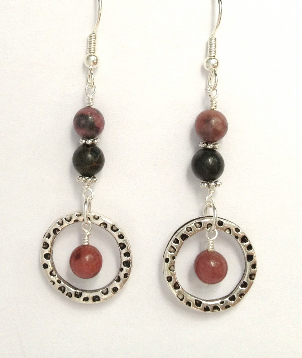 Earrings pink hoop dangle silver bead - LarisJewelryDesigns
