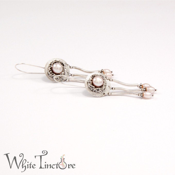 Sweet Pearly Nests - Silver Earrings - Freshwater Rose Pearls - Long Pearl Earrings - WhiteTincture