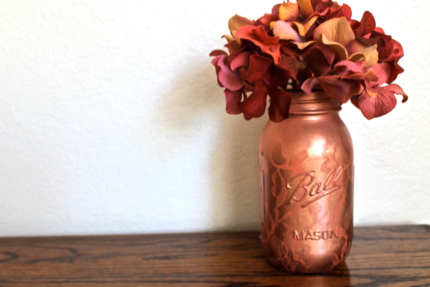 Bronze & Coral Lace Painted  Ball Mason Jar Vase
