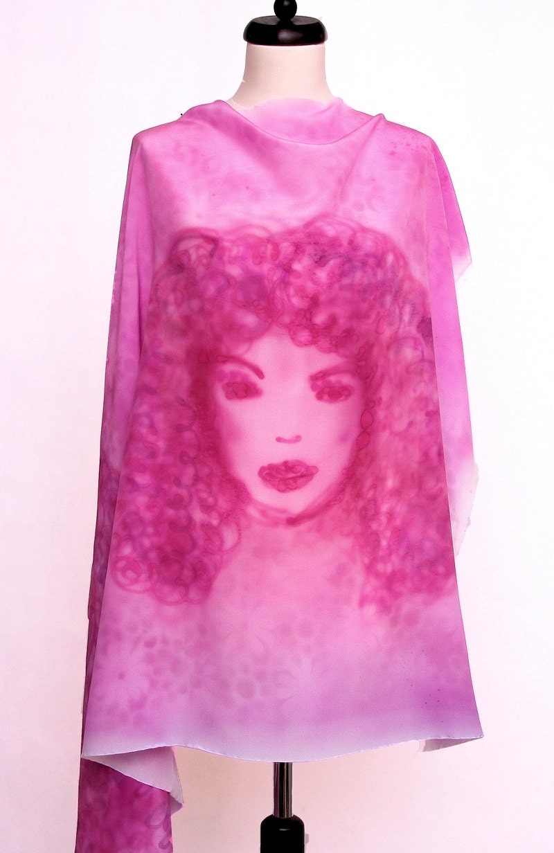 Hand painted silk fabric in fuchsia, violet and pink, with a female face and lace pattern. Fabric for blouse. - DorSilk