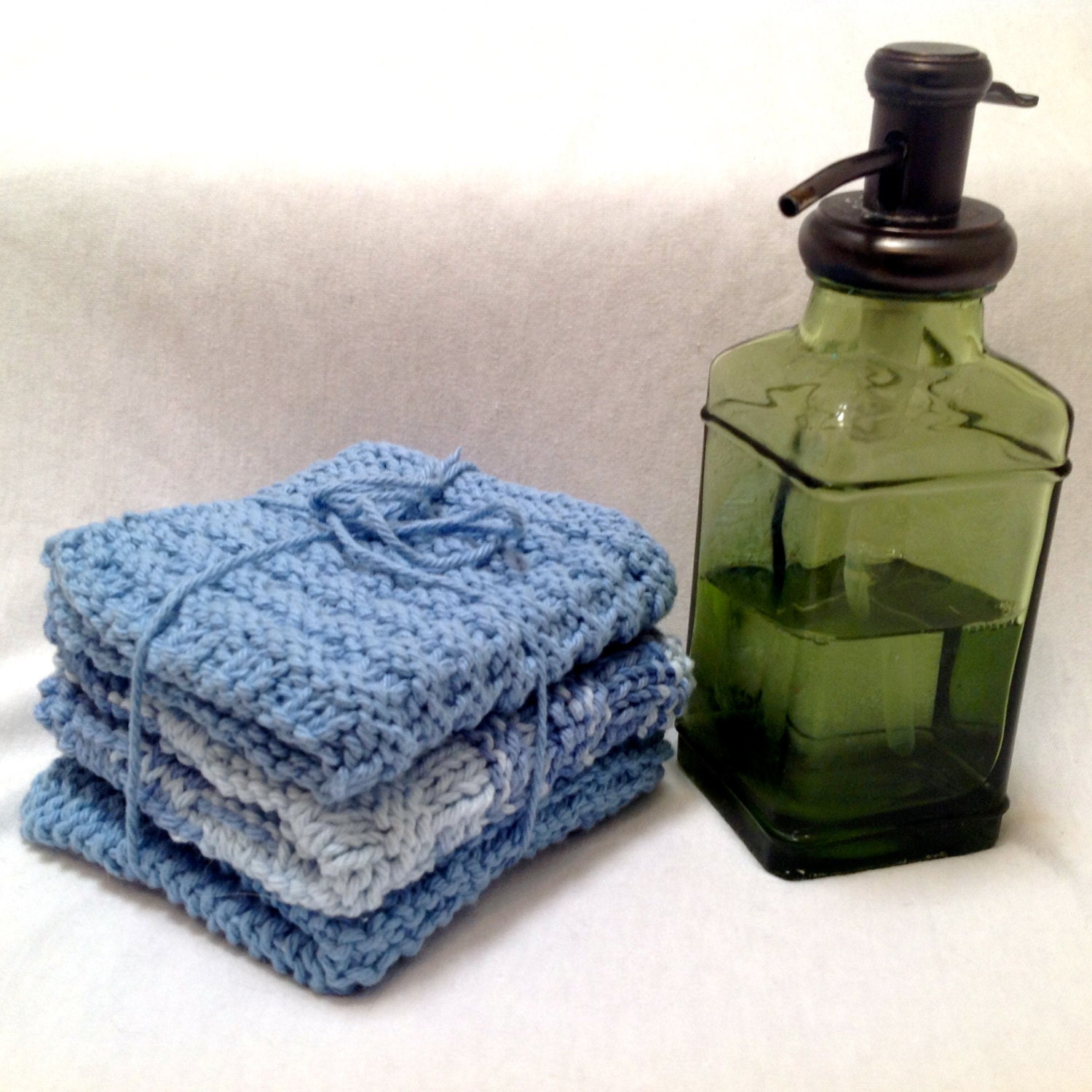 Sky Blue Knit Dishcloth, Blue Knitted Washcloth, Kitchen or Bathroom Soft Facecloth Bath Gift Set - SheKnitsJoy