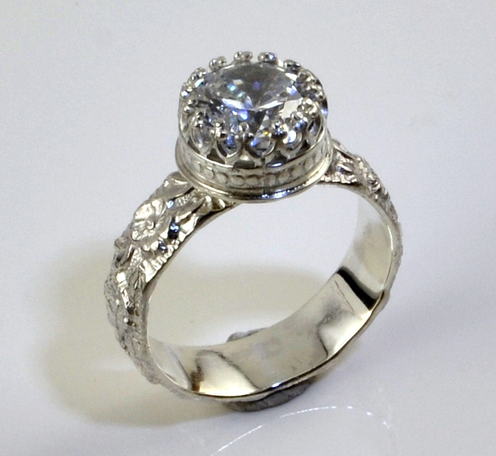 Cubic Zirconia Ring in Sterling Silver, Crown Setting and Flower