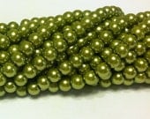 Glass Pearl Beads - 42 pc - Olive Green Pearl Beads - 8mm - Round - Dyed - Charsbeads4U
