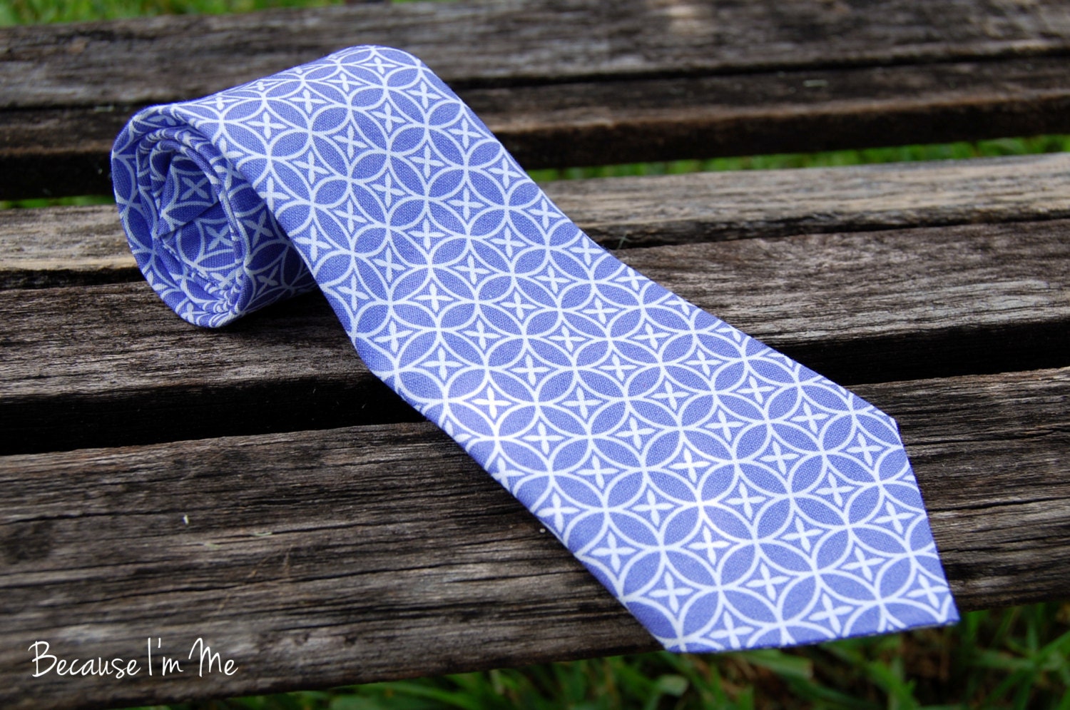 Mens Necktie - Purple and White Circular Geometric Pattern Cotton Tie - becauseimme