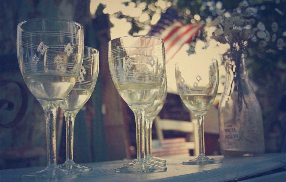 Wine glass photograph, Wine glasses with rainwater, Still life of pretty glasses on a blue table, Stemware, American Flag