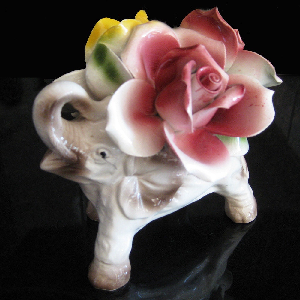 Capodimonte Porcelain Elephant Figurine with Roses - Italian Ceramics