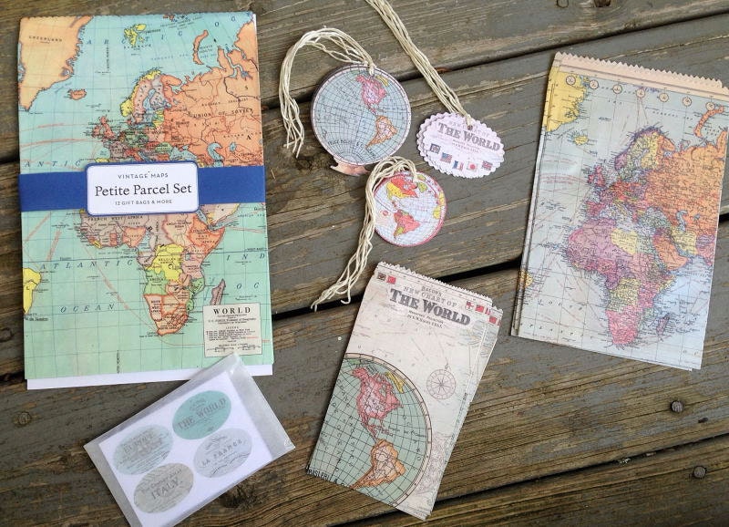 Cavallini Vintage Maps Petite Parcel Gift Bag Set, Gift Tags, Stickers,Party Favor Bags, Gift Packaging - CraftyNestSupplies