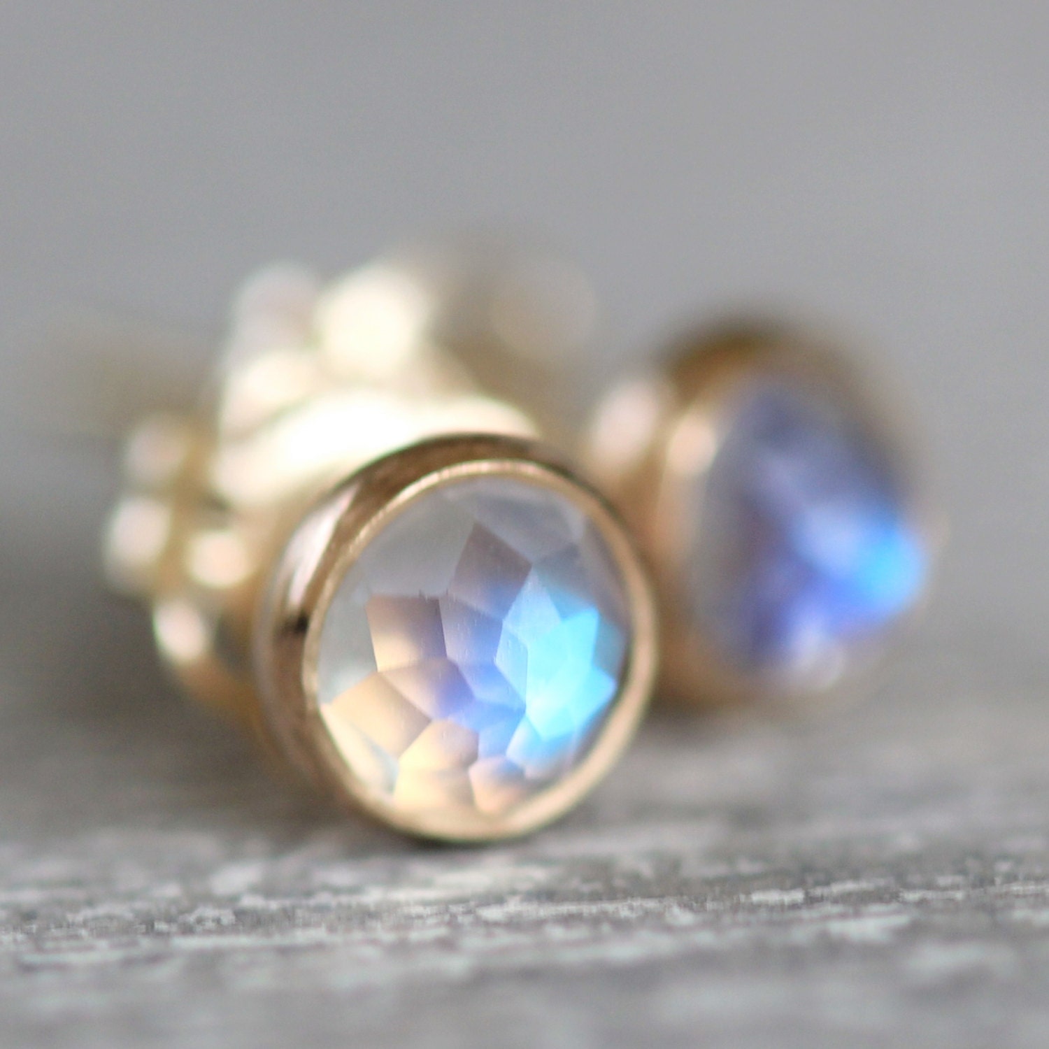 Rose Cut Rainbow Moonstone Earring Studs in 14k Gold - Moonstone Post Earrings 4mm