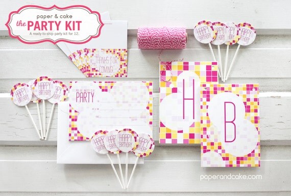 The PARTY KIT - SPA Complete Birthday Party Kit for 12: Invitations, Banner, Favor Bag Toppers, Cupcake Picks & Paper Straws Il_570xn