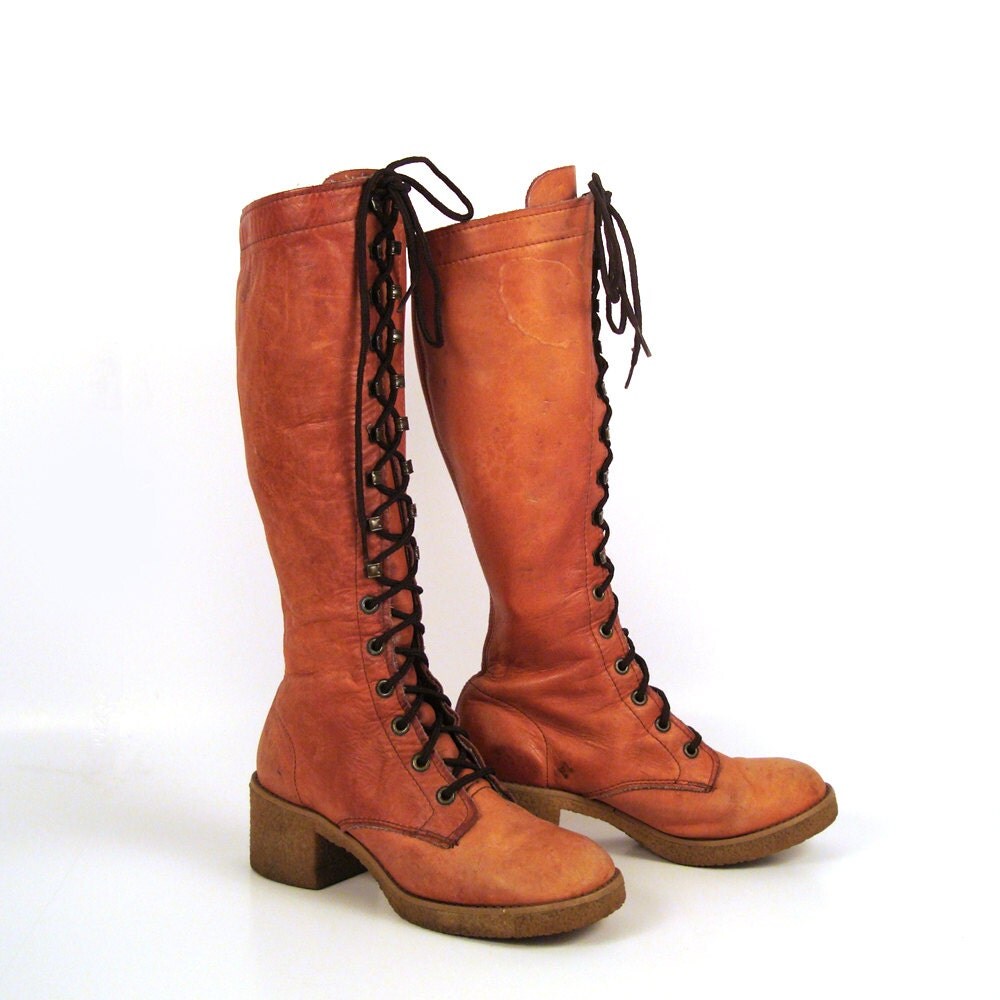 Lace Up Boots Vintage 1970s Tall Brown by purevintageclothing
