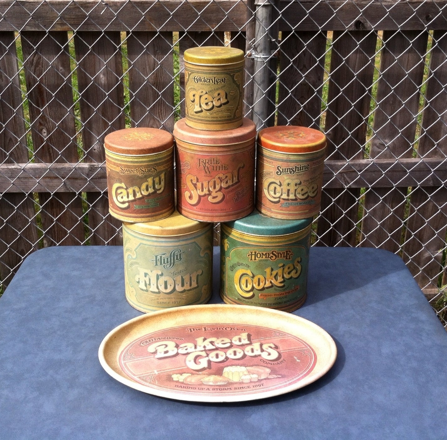 Vintage Kitchen Tin Can Canisters & Tray by DisLilTreasures