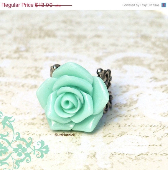 On SALE Mint Rose Ring. Mint Floral Ring. Mint Green Rose Cocktail Ring. Romantic Antiqued Silver Finish Filigree Ring. - LizHutnick