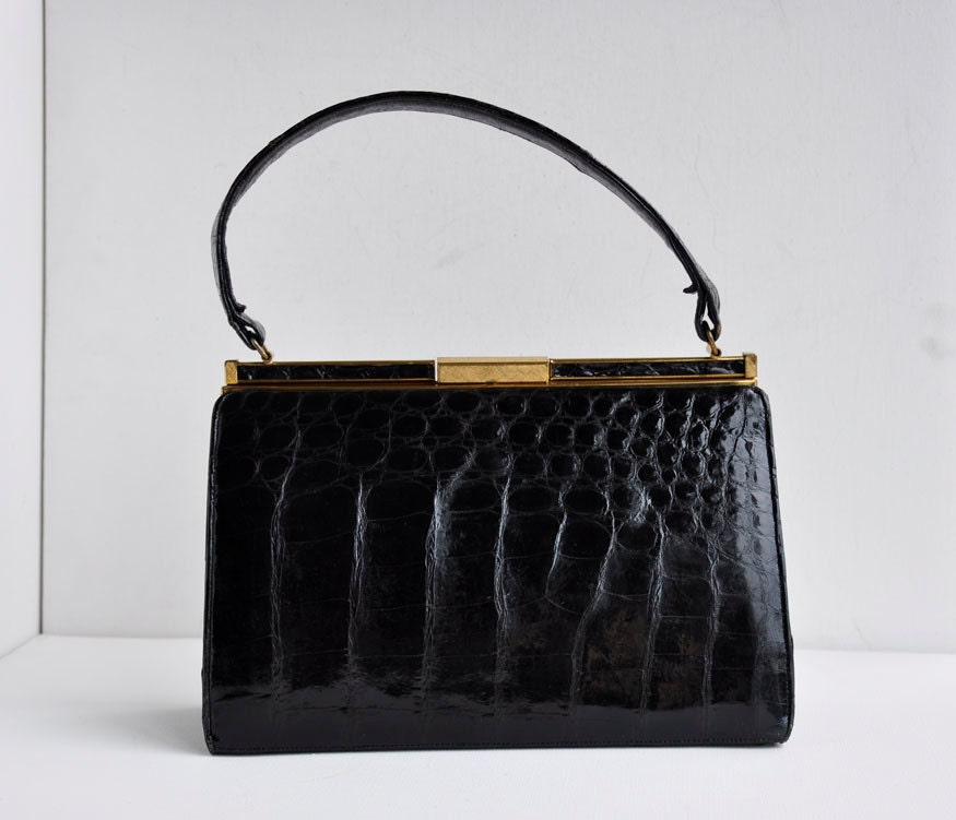 Vintage Designer Crocodile Leather Bellstone Handbag 60s Madmen Purse Joan Madmen