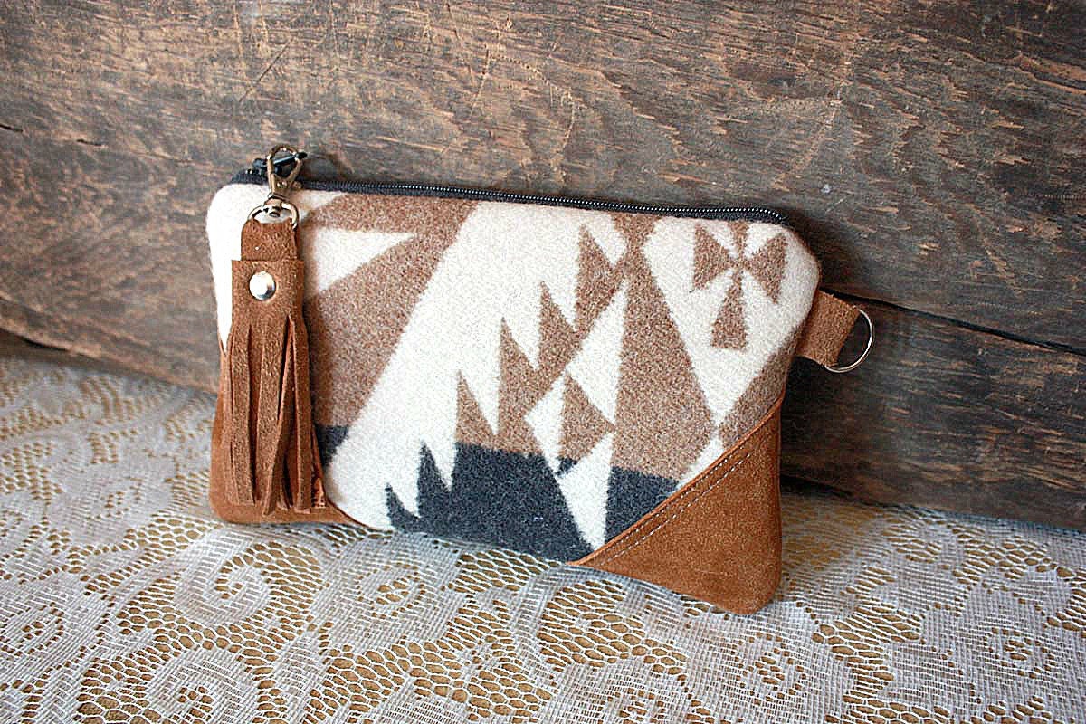 Oregon Wool clutch pouch with leather trim Steel Blue and Camel colors --Ready to Ship-- - cindymars7 Oregon Wool clutch pouch with leather trim Steel Blue and Camel colors --Ready to Ship-- - cindymars7
