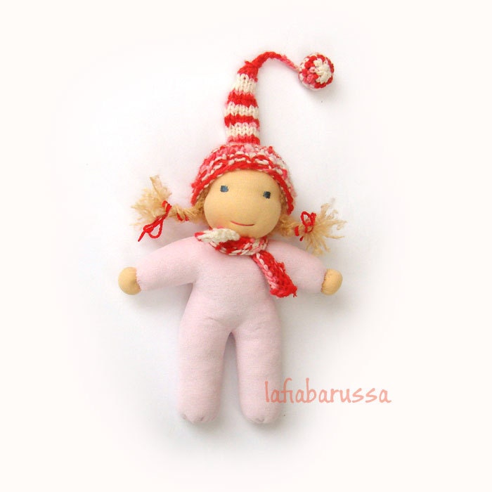 waldorf christmas elf baby pink body and striped hat red white, 10 inch,