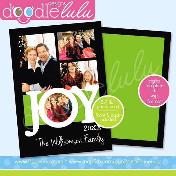 INSTANT DOWNLOAD Digital Printable 5x7 Joy Christmas with Green Accent Photo Card Template (Photoshop) PSD by Doodlelulu 2 june bugs Il_570xn
