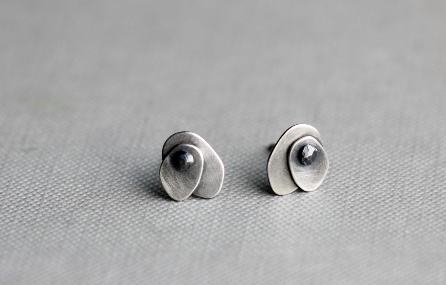 Sterling silver post earrings 2 petals oxidized silver 925 minimalistic metalwork Made to order - LucieTales