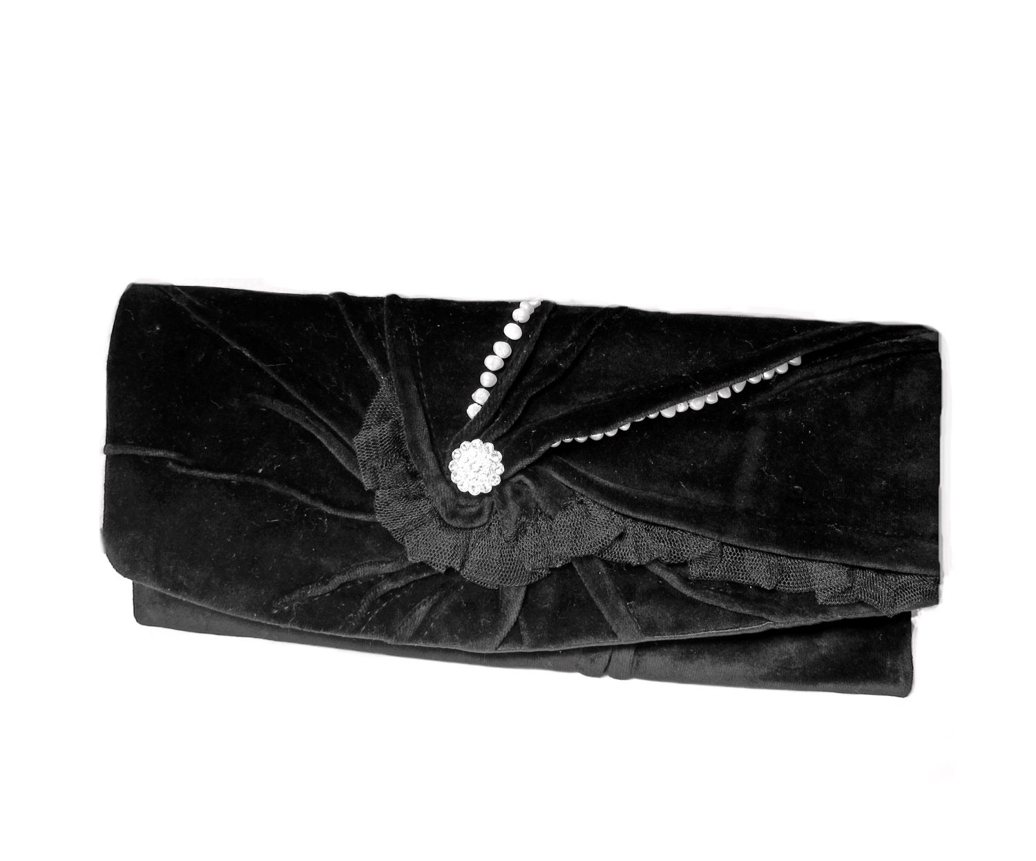 Preorder  Love - Black Clutch Bag in French Plush Velvet and Satin with Swarovski Crystals and Real Pearls - MariesCorner