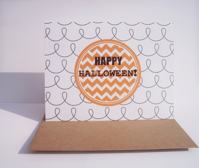 Halloween Card - Happy Halloween, Seasonal Greeting Card, Orange Chevron White Grey Modern Prints, Festive Party Halloween Card, Invitation - twin2kim
