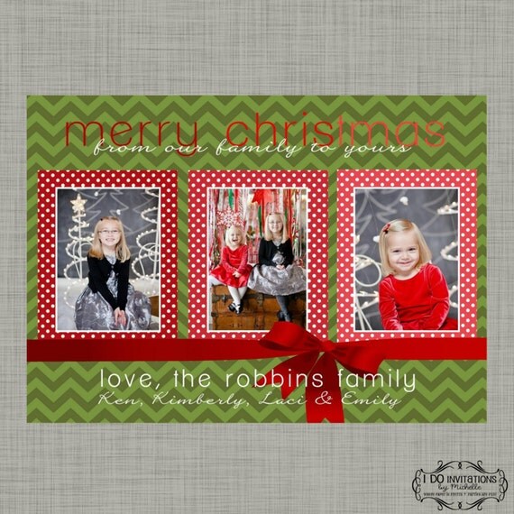 Ombre & Chevron Holiday Photo Card with three photos - Digital File Il_570xn